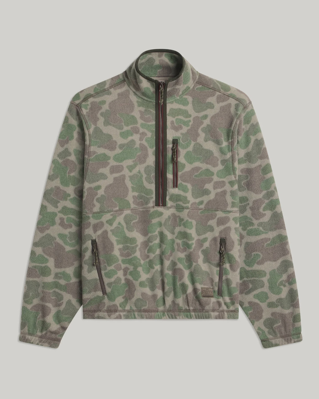 Free Fly Men's Ashridge Fleece Half Zip in Vintage Camo Oil Green, front view and back view