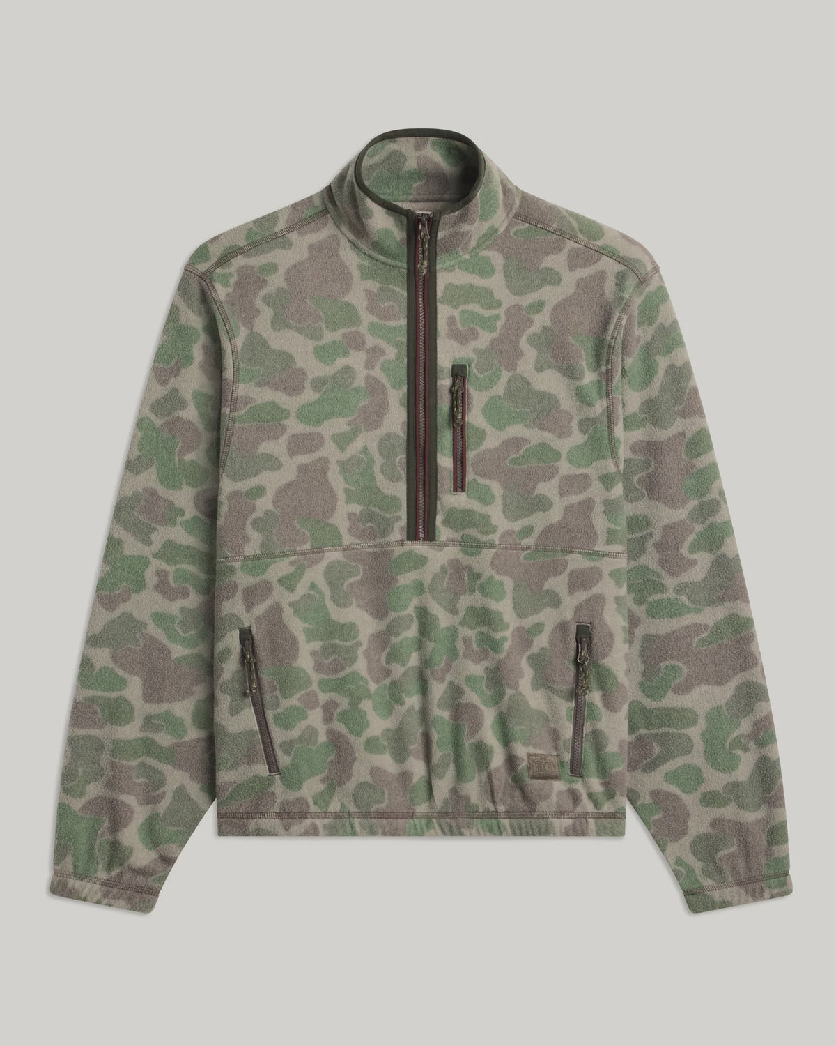 Free Fly Men's Ashridge Fleece Half Zip in Vintage Camo Oil Green, front view and back view