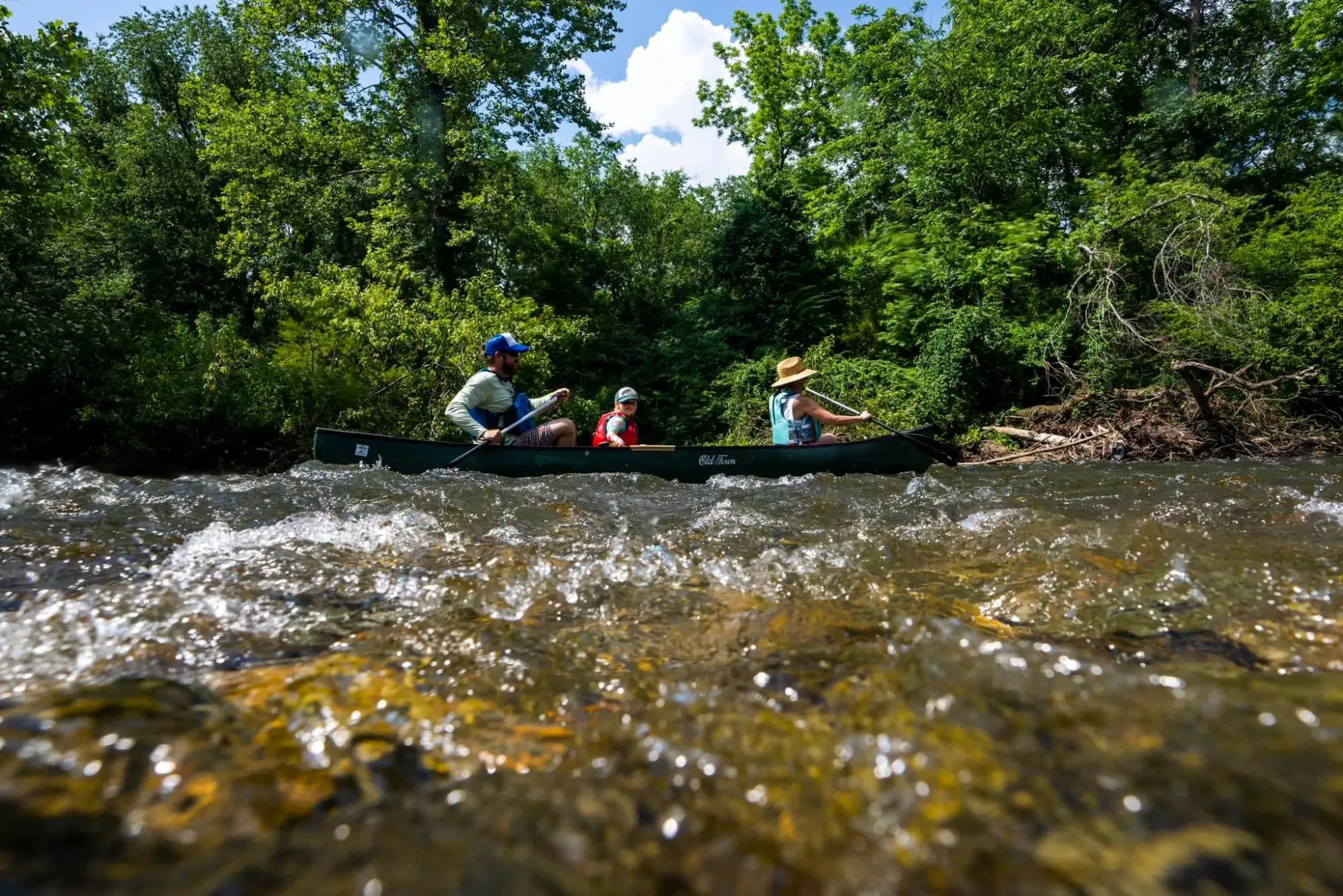 Blue and white canoe with two paddles