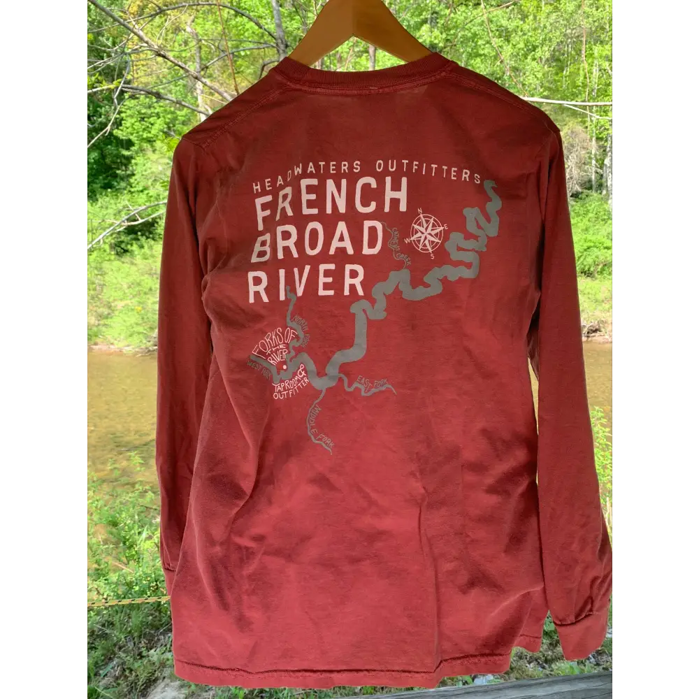 Headwaters Outfitters Outdoor Adventures Nature Bound River Map Shirt LS Crimson