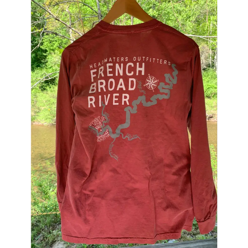 Headwaters Outfitters Outdoor Adventures Nature Bound River Map Shirt LS Crimson