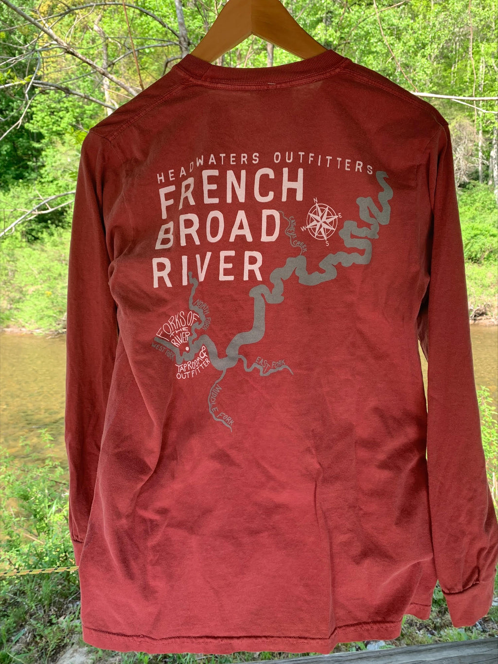 Headwaters Outfitters Outdoor Adventures Nature Bound River Map Shirt LS Crimson