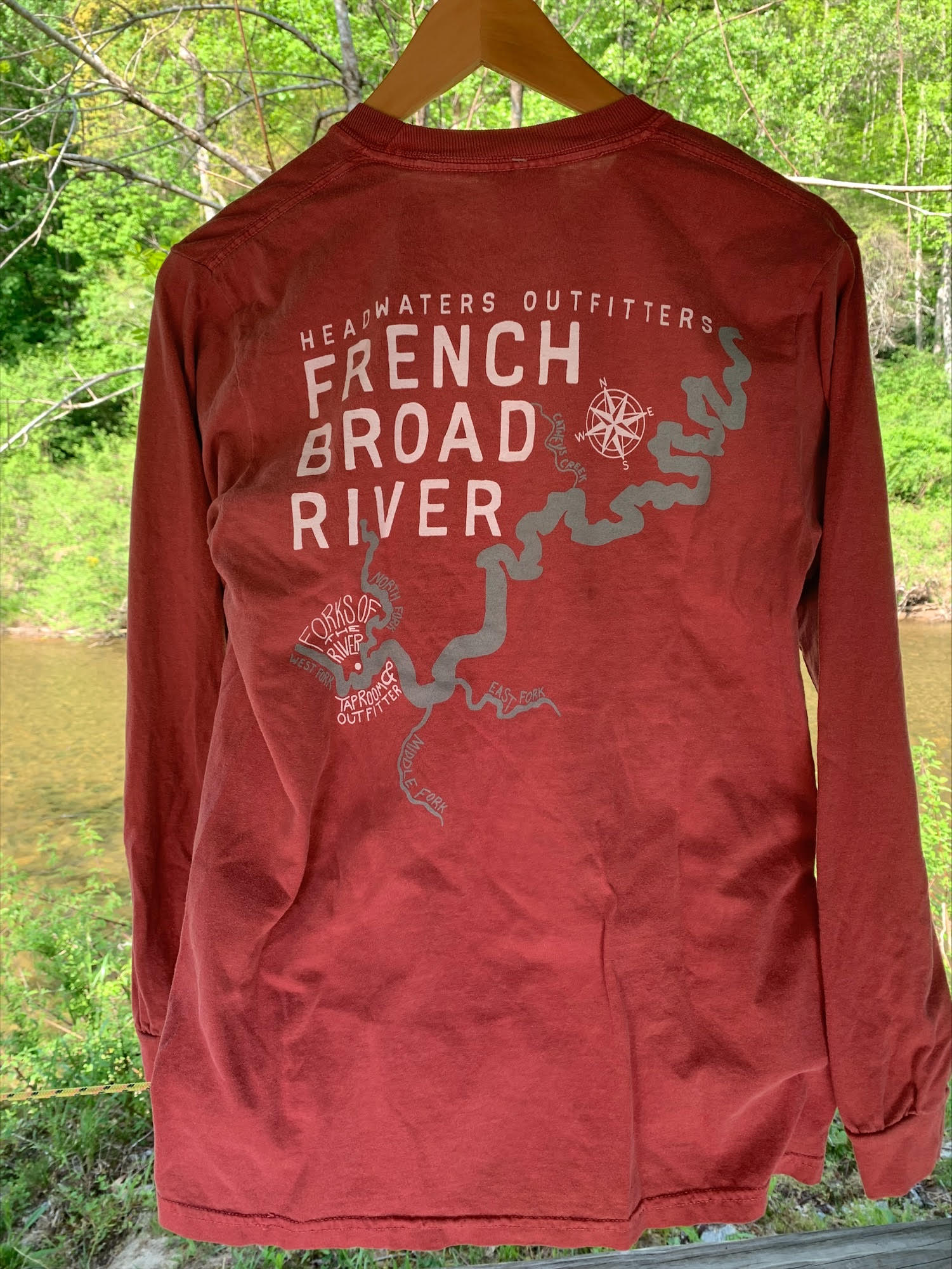 Headwaters Outfitters Outdoor Adventures Nature Bound River Map Shirt LS Crimson